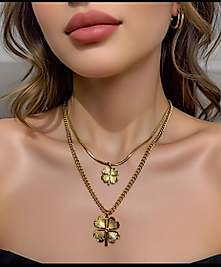 Jade'm Gold Çelik Dört Yapraklı Çiftli Kolye