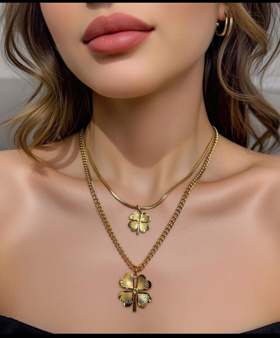 Jade'm Gold Çelik Dört Yapraklı Çiftli Kolye