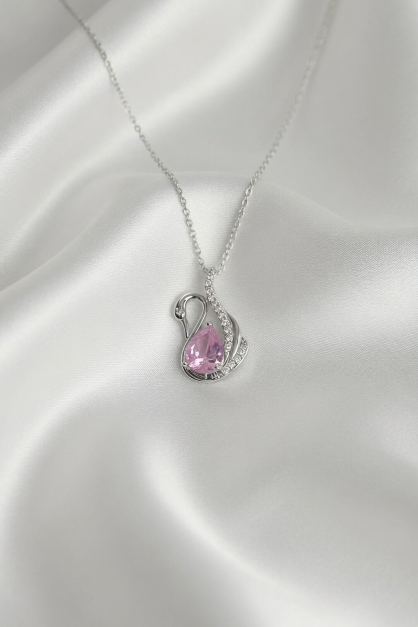316L Çelik Zincir Gümüş Renk Pembe Kuğu Model Zirkon Taşlı Kadın Kolye