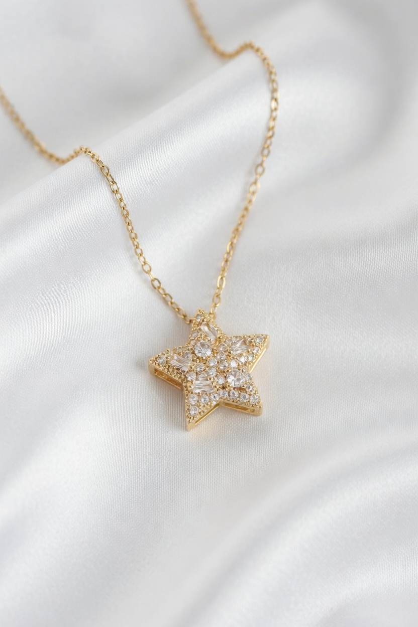 316L Çelik Zincir Gold Renk Zirkon Taşlı Yıldız Model Kadın Kolye